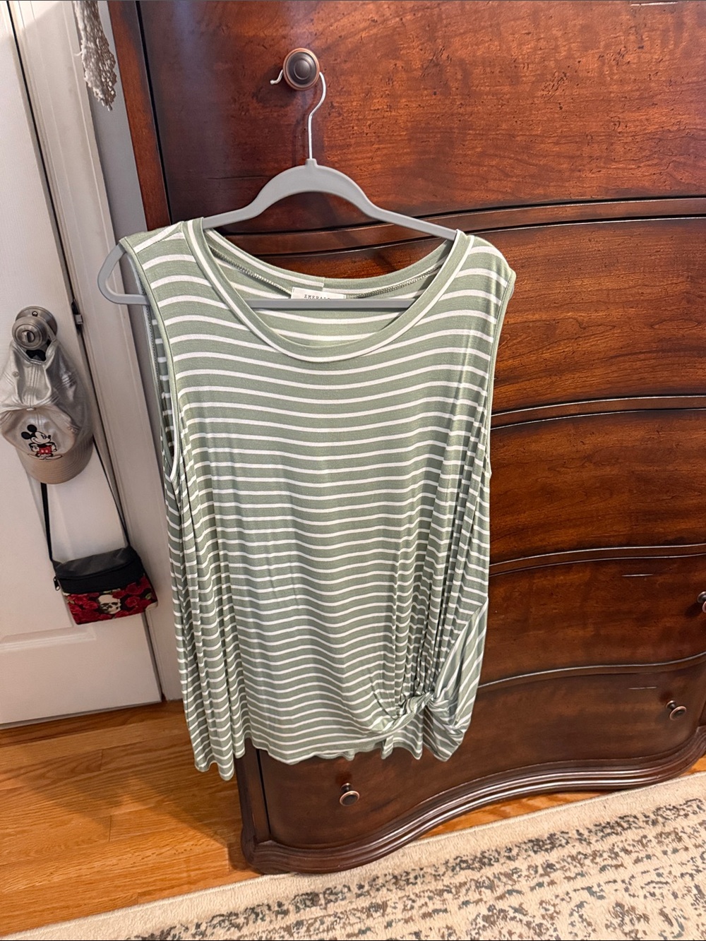 Emerald Sage Green and White Striped Knot-Detail Tank